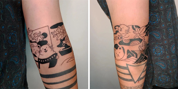 Creative cat-themed armband tattoos with bold black designs on forearms.