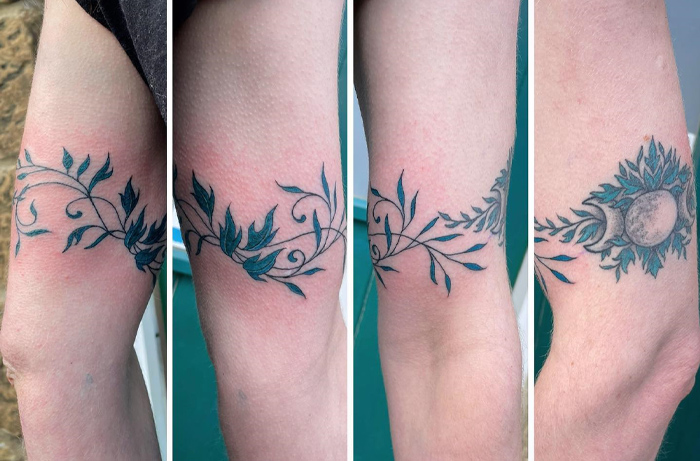 Floral armband tattoos with leafy designs on arms, showcasing unique tattoo ideas and meanings.