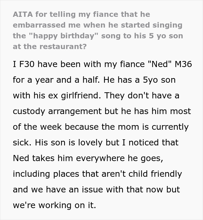 &ldquo;AITA For Telling My Fianc&eacute; He Embarrassed Me When He Started Singing &lsquo;Happy Birthday&rsquo; To His 5 Y.O. Son At The Restaurant?&rdquo;
