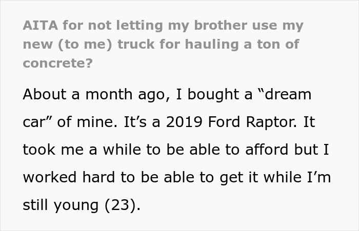 Family Drama Ensues After Brother Refused To Lend His Sibling His New Truck To Transport 3,000 Lb. Of Concrete