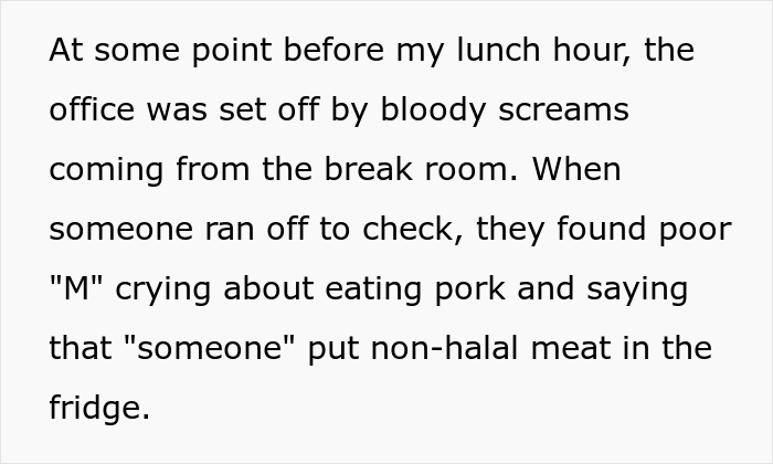 "The Office Was Set Off By Bloody Screams": Employee Is Sick And Tired Of Muslim Coworker Stealing Their Food, Puts Pork In It