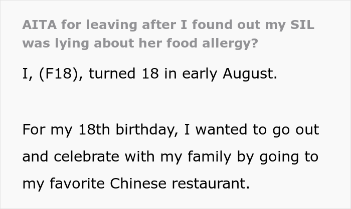 &ldquo;AITA For Leaving After I Found Out My SIL Was Lying About Her Food Allergy?&rdquo;