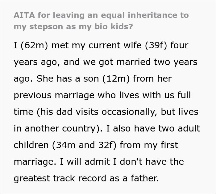 Dad Is Planning To Leave An Equal Inheritance To His Two Adult Kids And Now Teenage Stepson, His Kids Get Upset And The Internet Is On Their Side Dad Is Planning To Leave An Equal Inheritance To His Two Adult Kids And Now Teenage Stepson, His Kids Get Upset And The Internet Is On Their Side