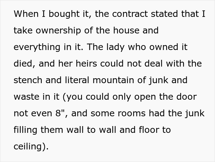 Woman Buys Ex-Hoarder's Home With All Of Their Belongings, Spends 4 Years Cleaning When Relatives Start Demanding Heirlooms They Didn't Want Woman Buys Ex-Hoarder's Home With All Of Their Belongings, Spends 4 Years Cleaning When Relatives Start Demanding Heirlooms They Didn't Want