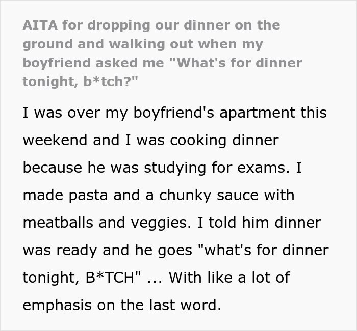Woman Cooks Dinner For Studying Boyfriend Who &ldquo;Jokingly&rdquo; Addresses Her With A Slur, She Drops It On The Rug And Leaves