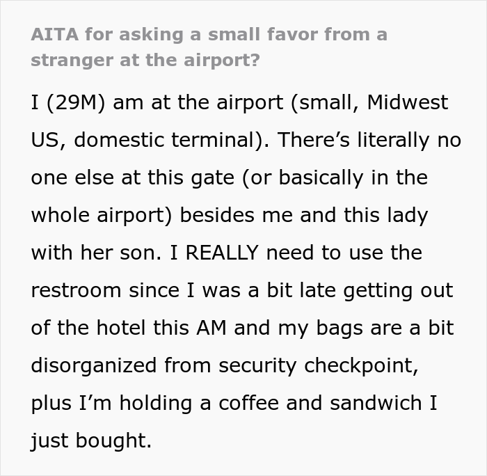 Man Is Puzzled That A Woman Turned Down His Request To Watch His Belongings At The Airport While He Uses The Restroom