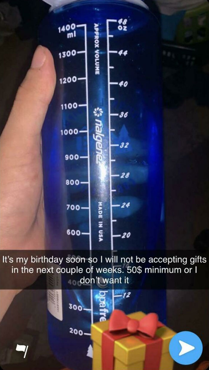 Hand holding a blue Nalgene water bottle with text about spoiled birthday gift requests and a minimum $50 value.