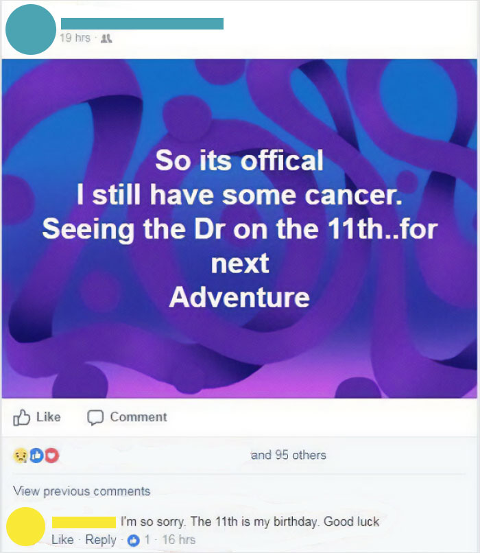 Facebook post about cancer diagnosis with comments, illustrating spoiled people making ridiculous birthday requests.