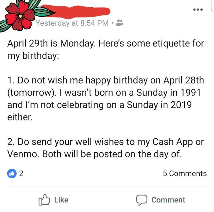 Screenshot of a social media post where a person sets strict birthday etiquette and asks for money on Cash App or Venmo.