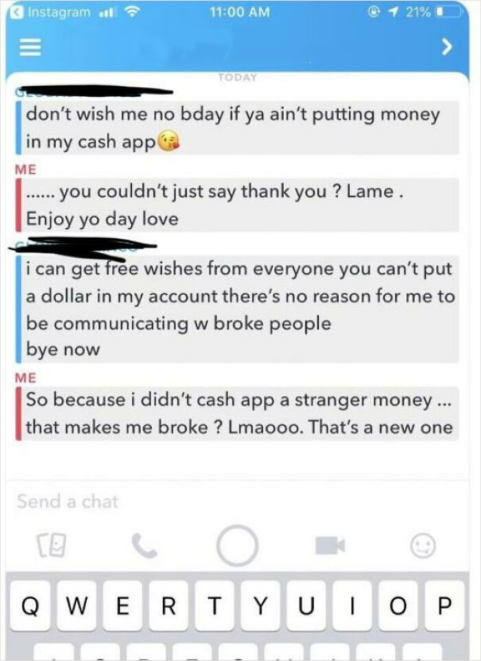 Text message exchange showing a spoiled person making ridiculous birthday requests for money via Cash App.