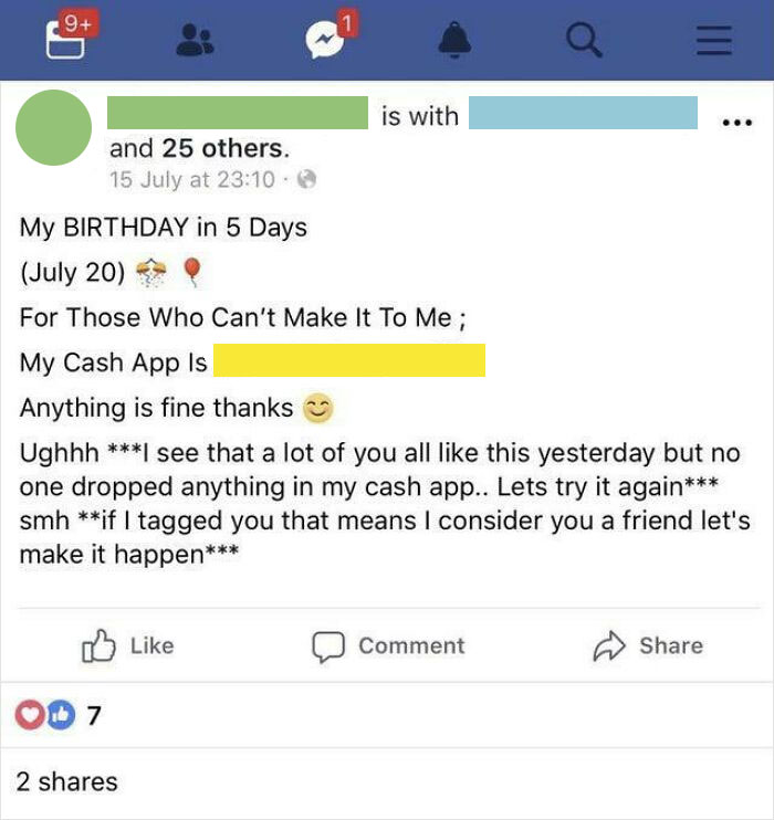 Social media post showing a birthday person making a ridiculous request for cash gifts via Cash App.