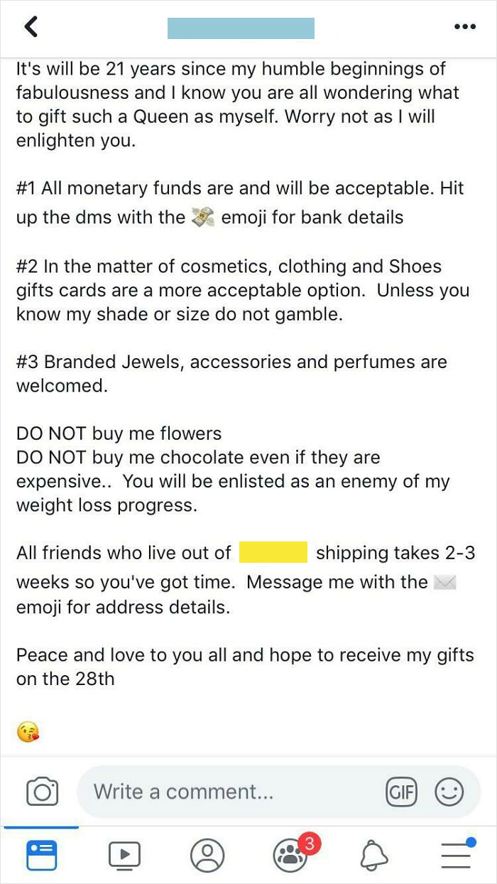 Screenshot of a spoiled birthday request demanding money, branded gifts, and no flowers or chocolates.