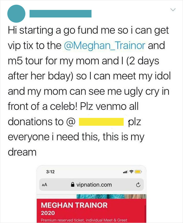 Screenshot of a spoiled birthday request asking for VIP tickets and donations to meet a celebrity and cry in front of them.