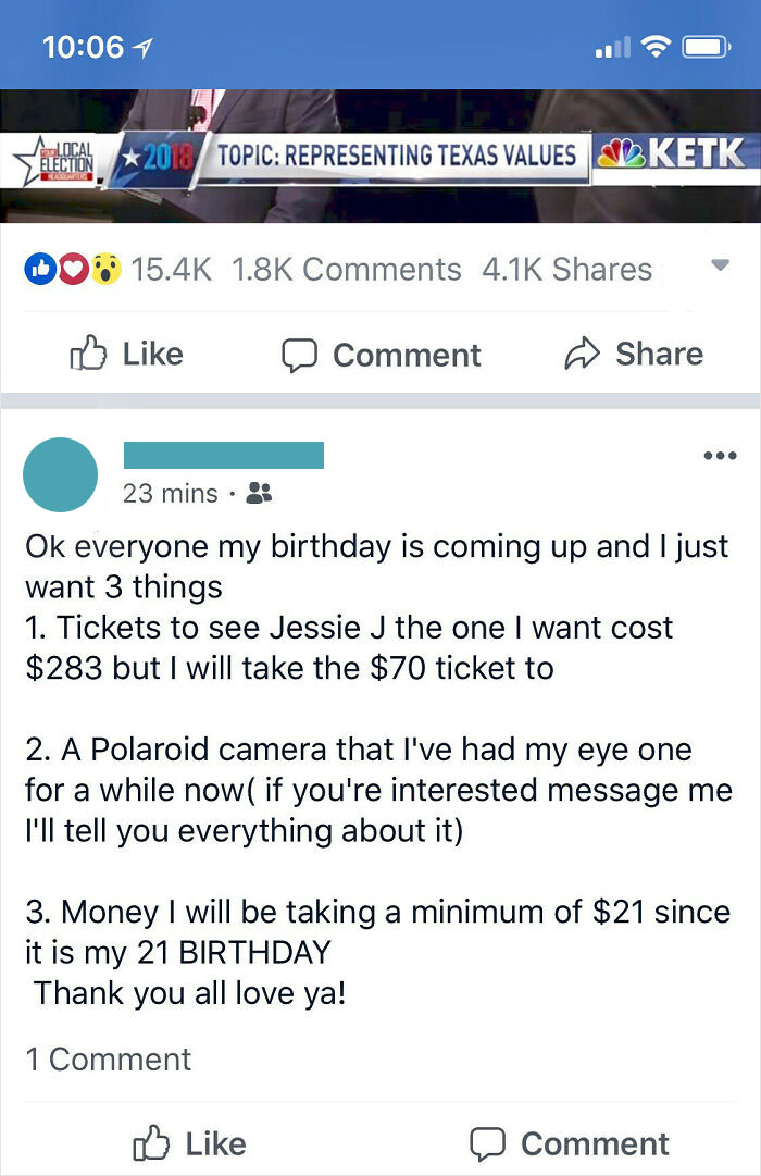 Social media post showing spoiled birthday requests including concert tickets, a Polaroid camera, and money demands.