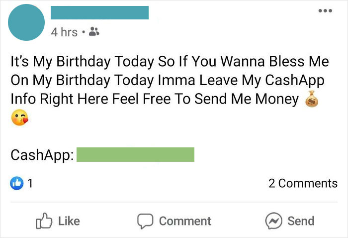Social media post of a spoiled person making a ridiculous birthday request by sharing CashApp info for money.