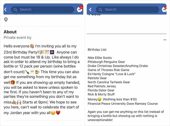 Screenshot of a birthday party invite with a detailed birthday list showing spoiled people’s ridiculous requests.