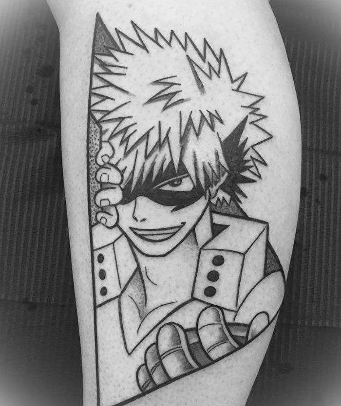 Anime character tattoo on calf, showcasing bold lines and detailed shading, capturing a sense of coolness and style.