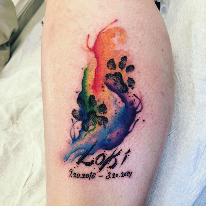 Colorful lower leg tattoo with paw prints and dates, featuring the name "Loki."
