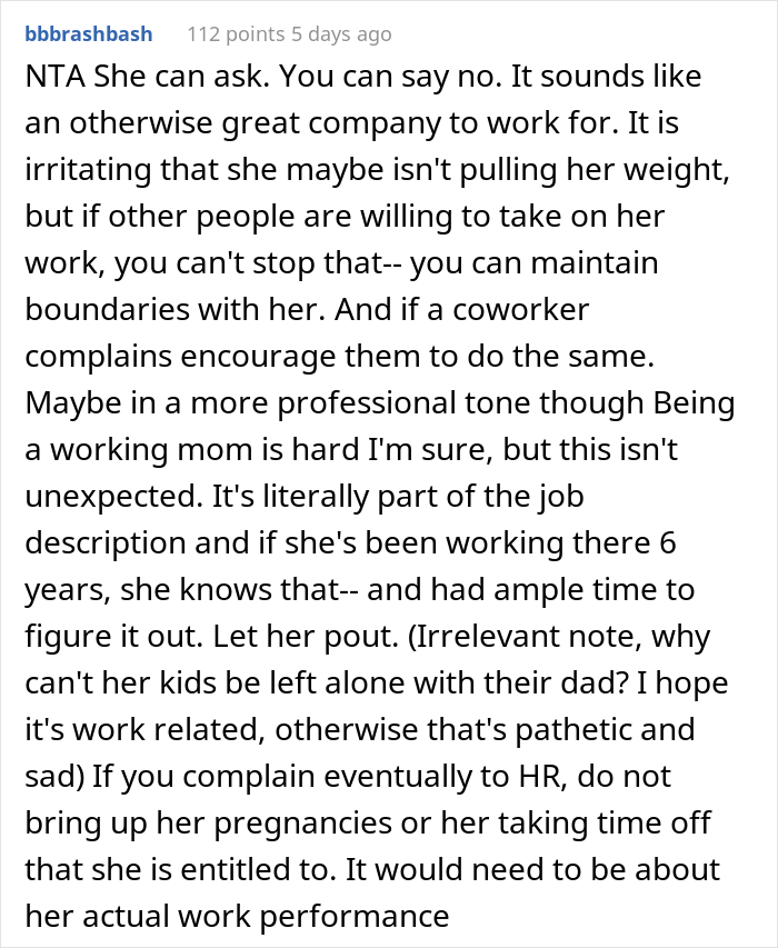Childfree Woman Wonders If She's A Jerk For Refusing To Help Out Coworker With 5 Kids