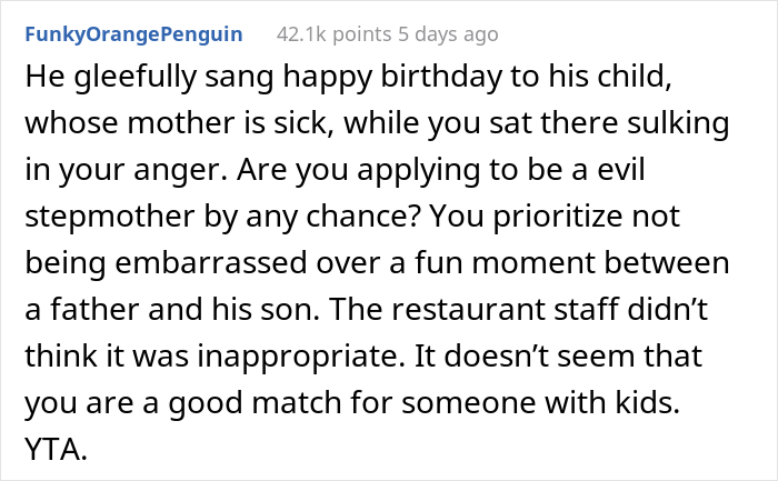 &ldquo;AITA For Telling My Fianc&eacute; He Embarrassed Me When He Started Singing &lsquo;Happy Birthday&rsquo; To His 5 Y.O. Son At The Restaurant?&rdquo;