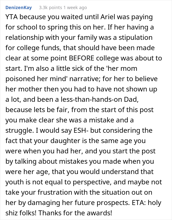 Dad Asks If He's A Jerk For Teaching Daughter A Lesson Of Respect To His New Wife And Kid By Refusing To Pay For Her College