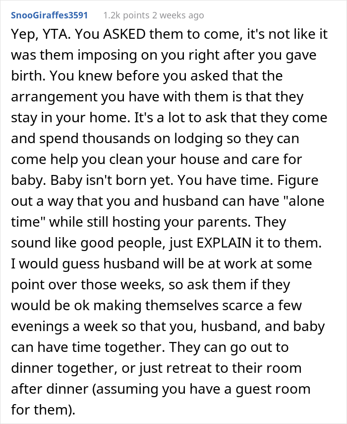 Pregnant Woman Asks For Parents&rsquo; Help For A Few Weeks, Refuses To Let Them Stay At Her House Because She Wants Privacy