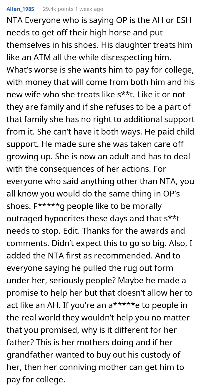 Dad Asks If He's A Jerk For Teaching Daughter A Lesson Of Respect To His New Wife And Kid By Refusing To Pay For Her College