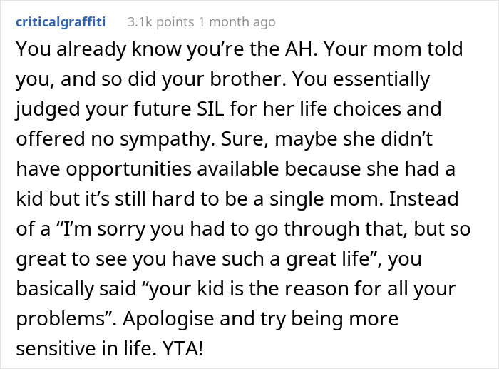 “AITA For Telling My Brother’s Fiancée That The Reason She Couldn’t Get A Degree Was Because Of Her Choice To Be A Mom?” “AITA For Telling My Brother’s Fiancée That The Reason She Couldn’t Get A Degree Was Because Of Her Choice To Be A Mom?”