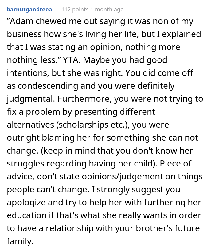 “AITA For Telling My Brother’s Fiancée That The Reason She Couldn’t Get A Degree Was Because Of Her Choice To Be A Mom?” “AITA For Telling My Brother’s Fiancée That The Reason She Couldn’t Get A Degree Was Because Of Her Choice To Be A Mom?”