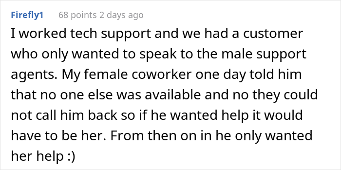 Sexist Customer Demands Female Employee Get "One Of The Boys'', They Maliciously Comply Sexist Customer Demands Female Employee Get "One Of The Boys'', They Maliciously Comply