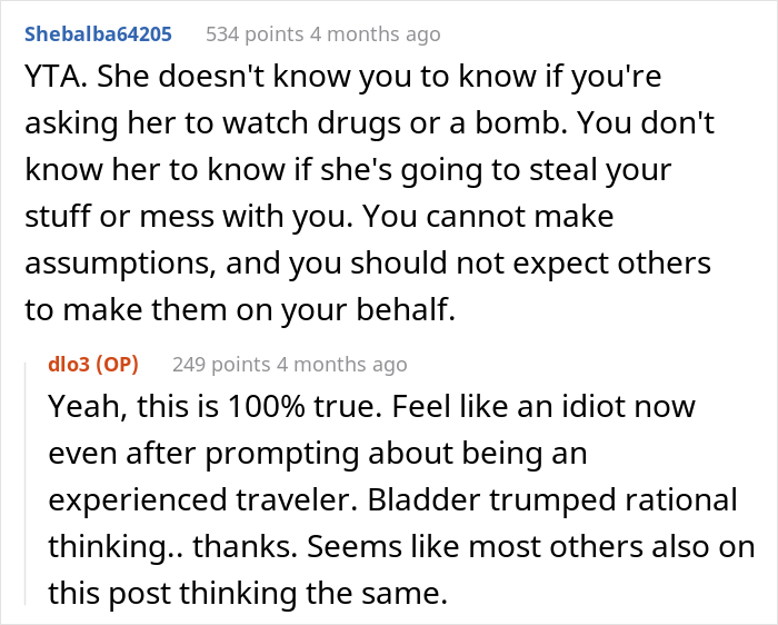 Man Is Puzzled That A Woman Turned Down His Request To Watch His Belongings At The Airport While He Uses The Restroom