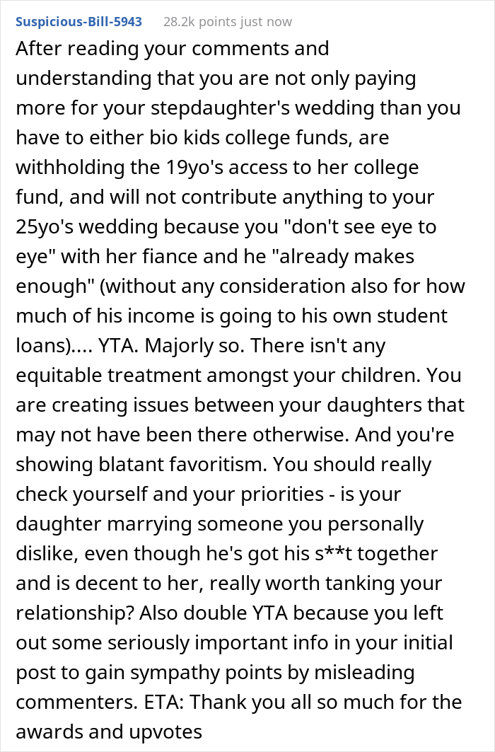 Dad Let His Daughter Know He Won&rsquo;t Be Paying For Her Wedding And Refuses To Help Her Further With Student Debt, But Contributes To Stepdaughter&rsquo;s Wedding