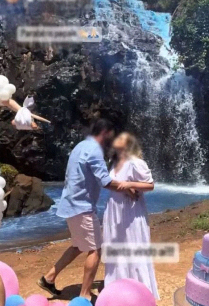 Couple Thought It Was A Good Idea To Dye A Whole Waterfall For Their Gender Reveal Party