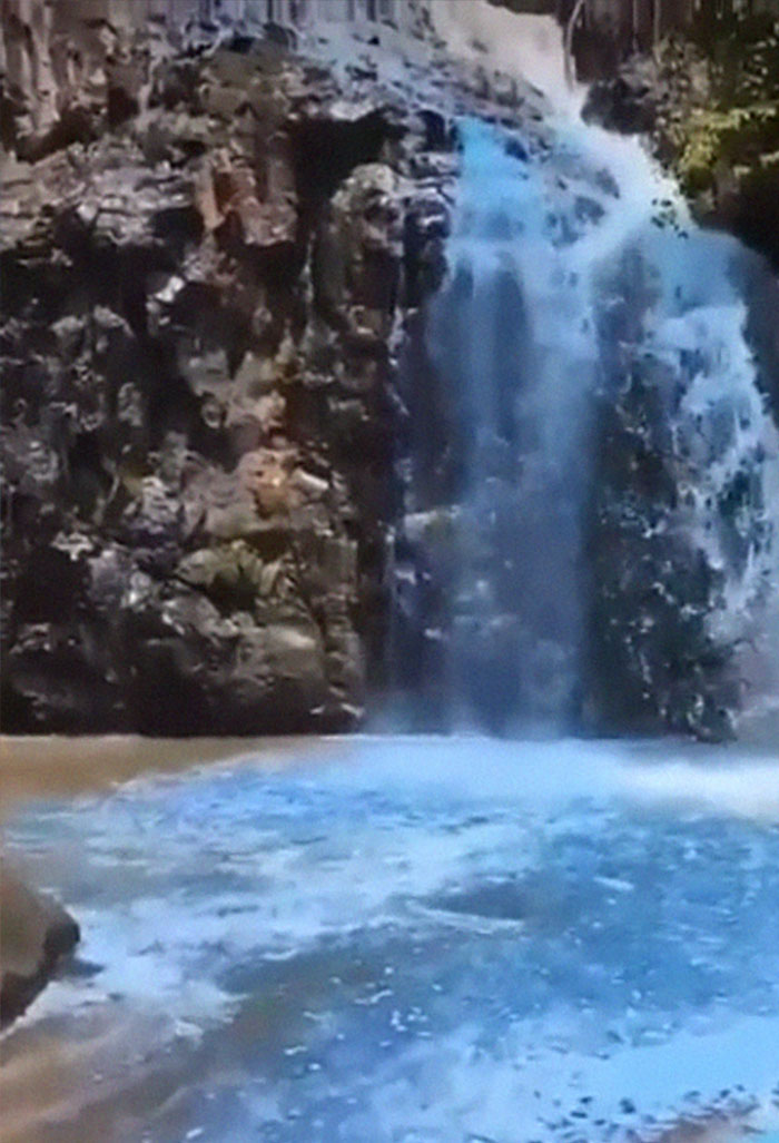 Couple Thought It Was A Good Idea To Dye A Whole Waterfall For Their Gender Reveal Party
