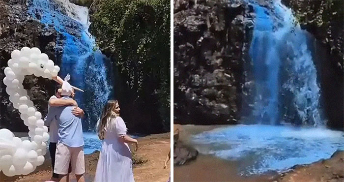 Couple Thought It Was A Good Idea To Dye A Whole Waterfall For Their Gender Reveal Party