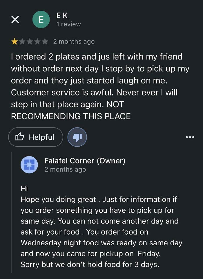 Screenshot of a customer’s negative review and business owner’s reply illustrating customers sabotaging businesses with bad reviews.