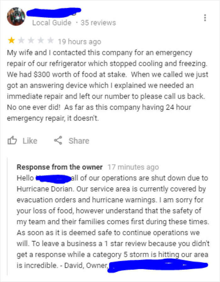 One-star customer review about emergency repair closed due to Hurricane Dorian, with owner response explaining the situation.