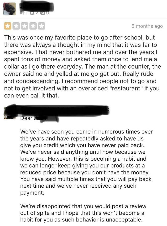 One star customer review about overpriced restaurant backfiring on business with a detailed owner response.