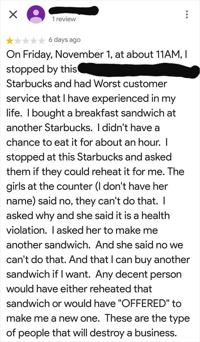 Customer's bad review of Starbucks highlighting poor service that backfired while trying to sabotage business reputation.