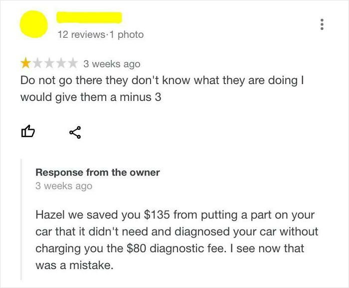 One-star customer review trying to sabotage a business with bad feedback, owner responds explaining the true story.