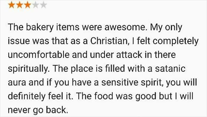 Negative customer review trying to sabotage a business but ultimately highlighting the bakery's good food and items.
