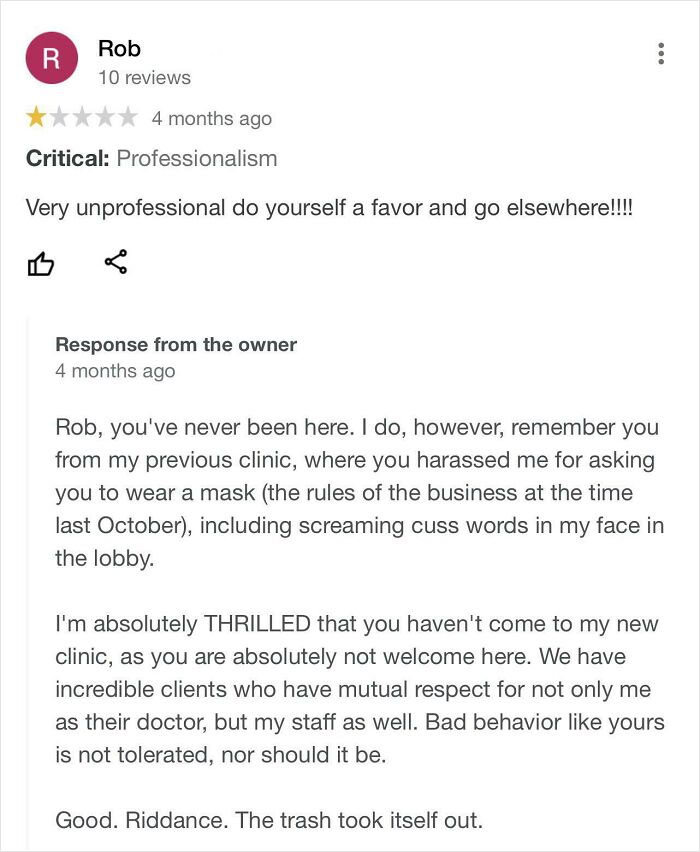 Customer leaves a bad review to sabotage business, but the owner responds firmly, showing the review backfired on the customer.