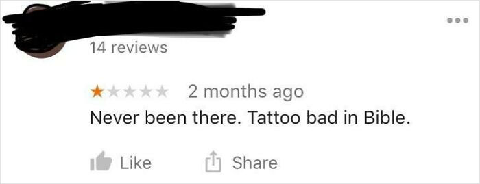 Negative customer review with misleading comment attempting to sabotage business, showing a 1-star rating.