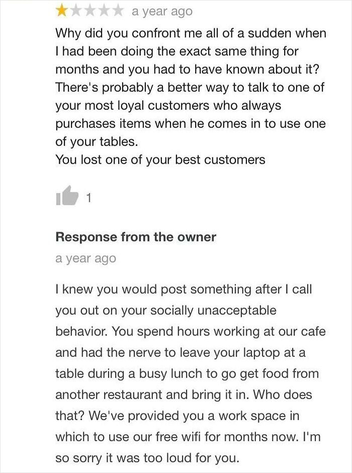 One-star customer review backfires as business owner exposes bad behavior in response, showing customer sabotage attempt fails.