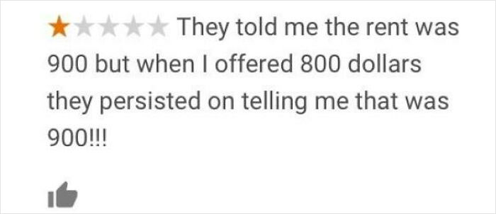 One-star customer review complaining about rent price with thumbs-up icon, illustrating bad reviews sabotaging businesses.