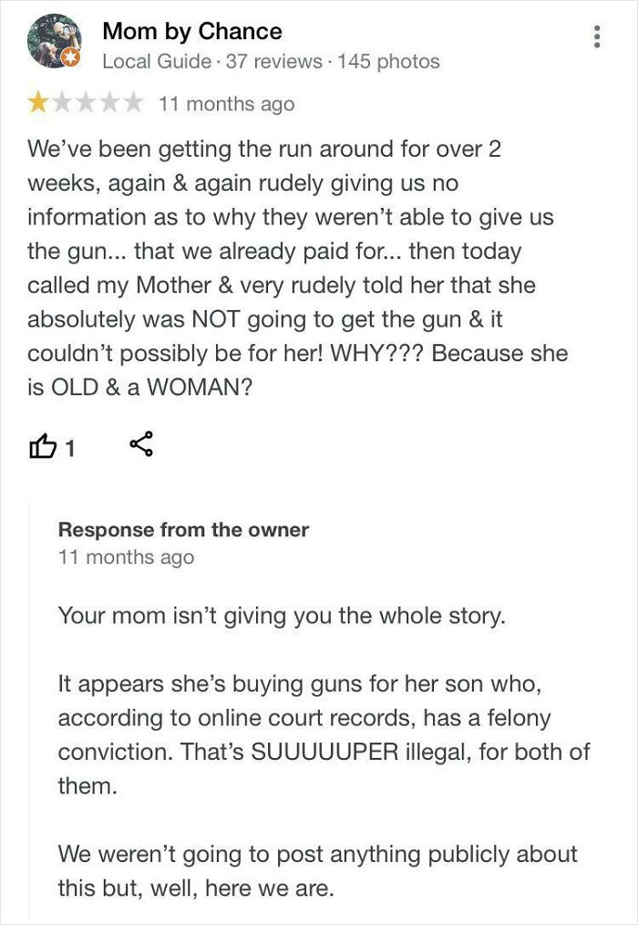One-star customer review tries to sabotage business with illegal gun purchase claim, owner responds with surprising facts.