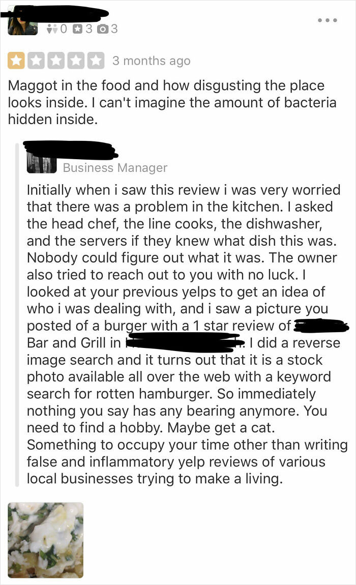 One-star customer review falsely claims maggot in food, business manager disproves with evidence in a detailed response.