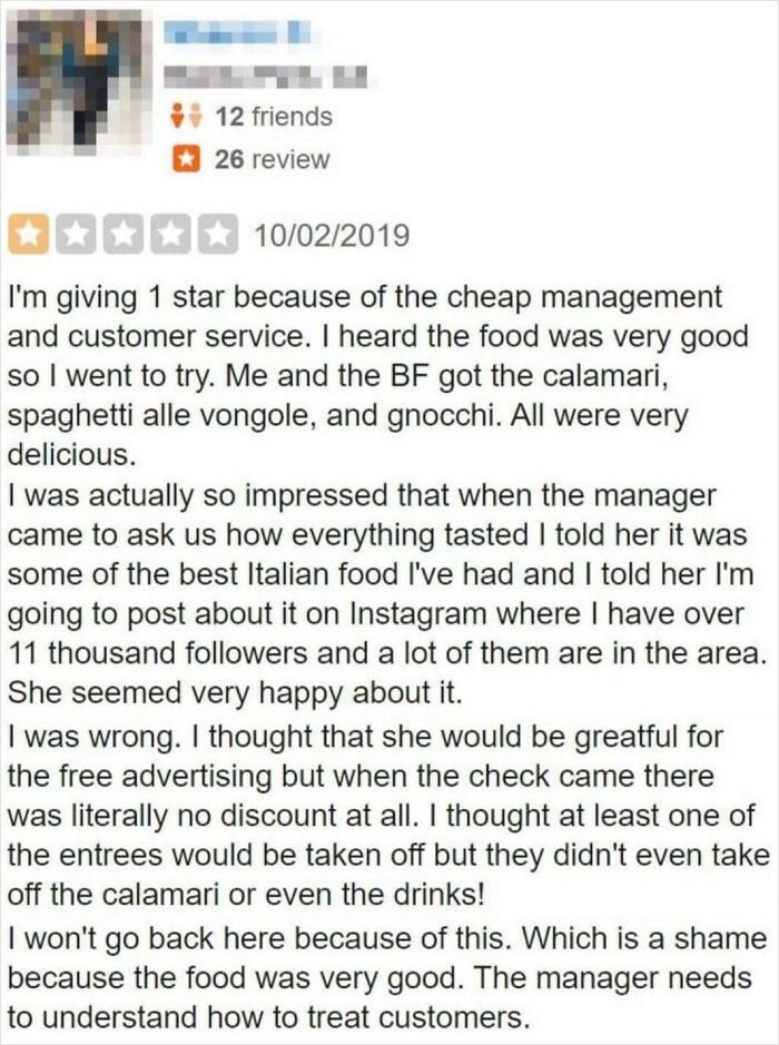 Screenshot of a one-star customer review attempting to sabotage a business but ending up praising the food despite poor management.