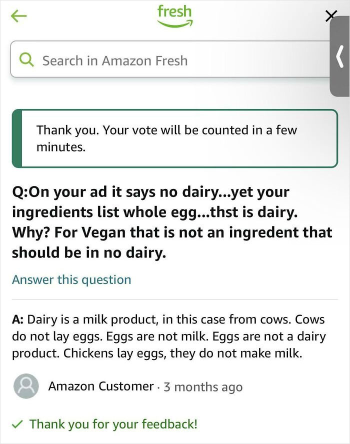 Customer review questioning dairy ingredient in product listing with business response clarifying dairy definition and egg content.