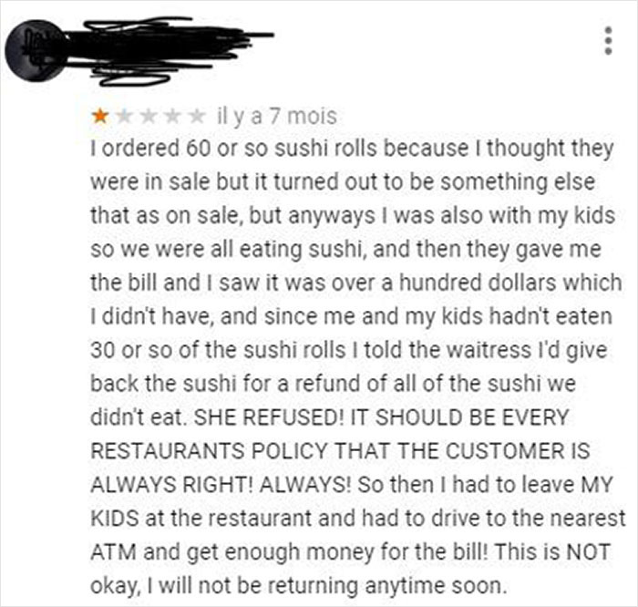 Customer bad review complaining about sushi order misunderstanding and refund refusal, illustrating sabotage attempts backfiring on businesses.